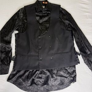 Black Double-Breasted Vest Over Paisley Satin Shirt
